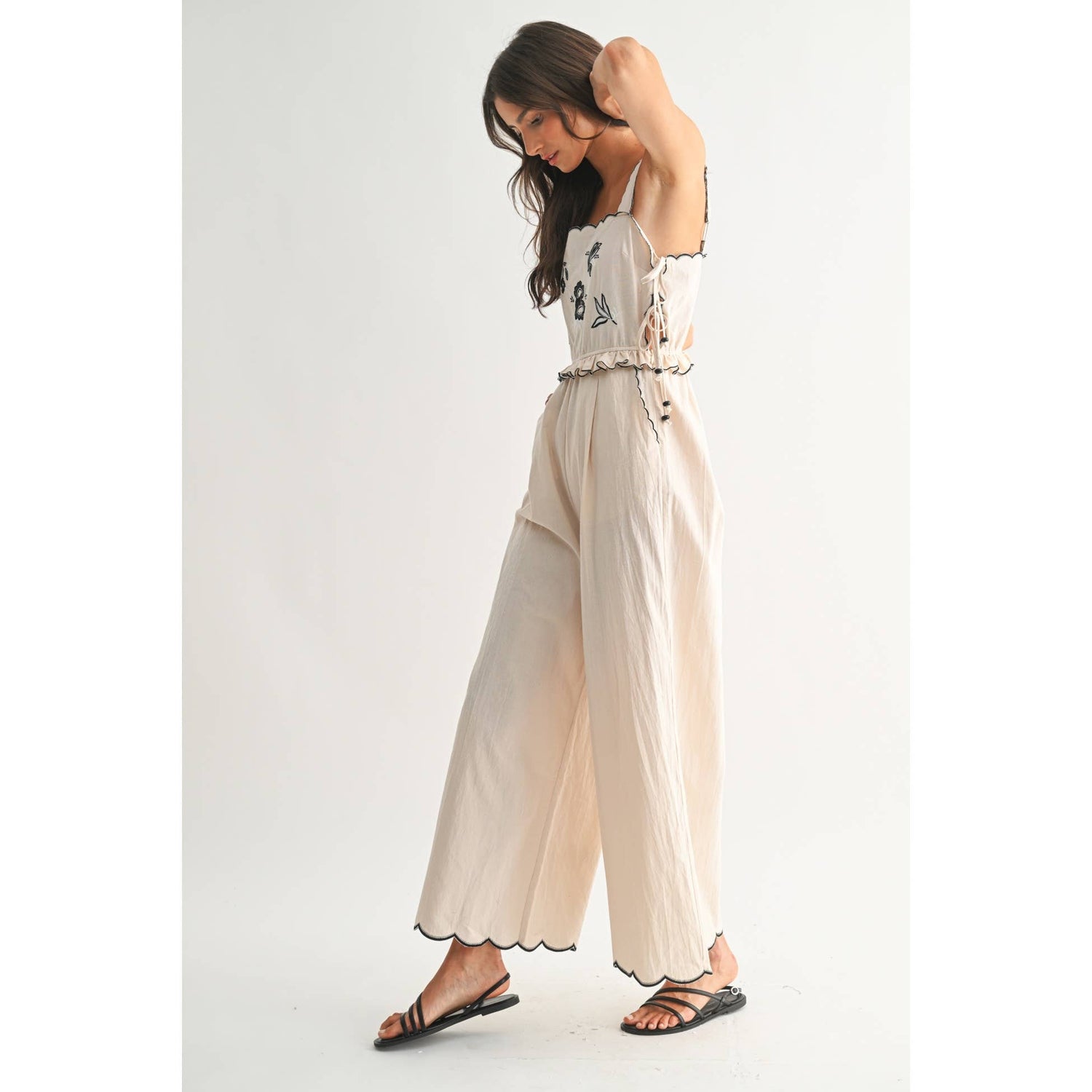 Sand Embroidered Jumpsuit with Unique Scalloped Edge Side View