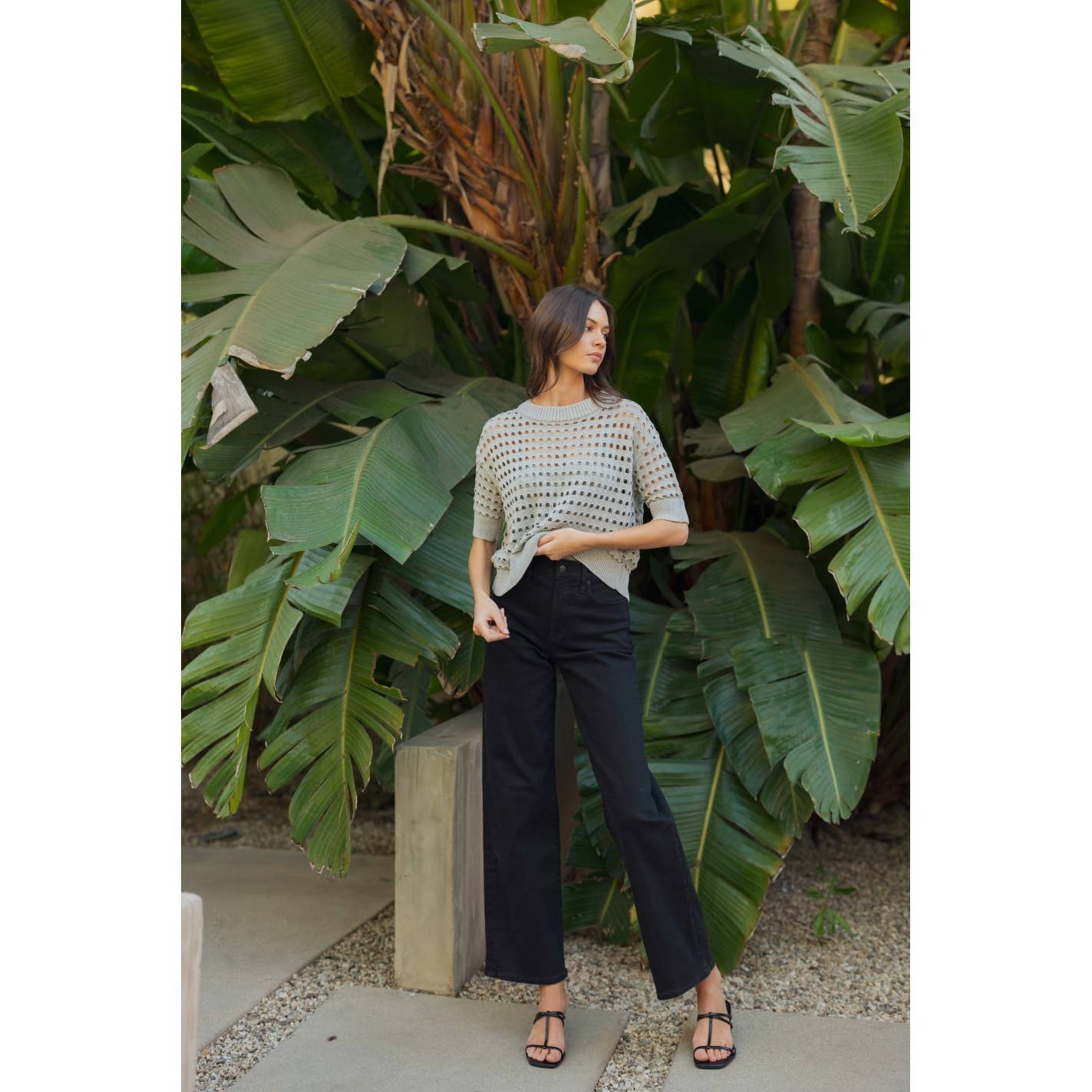 Silver Grey Open Stitch Short Sleeve Knit front view