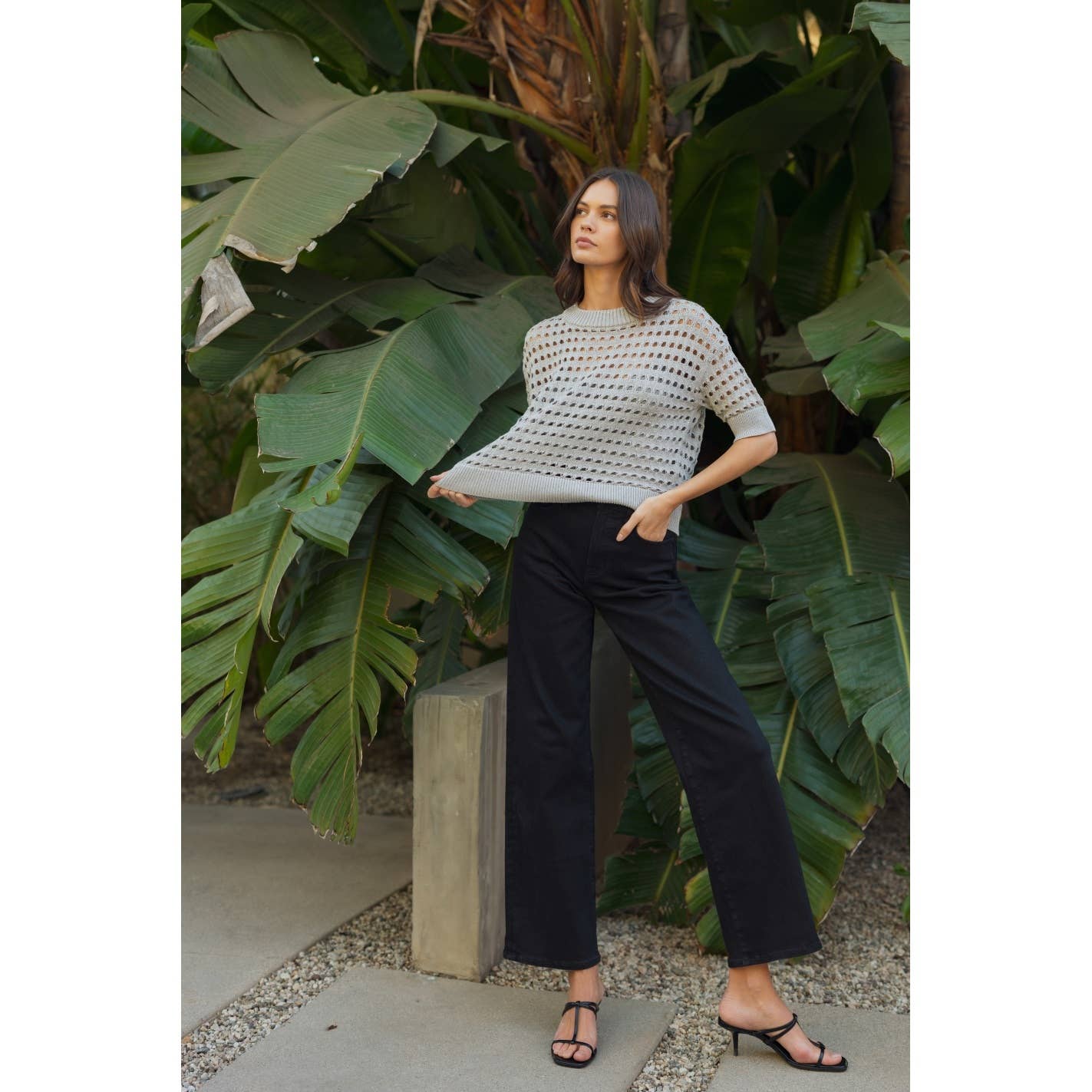 Silver Grey Open Stitch Short Sleeve Knit showcasing knit stretch