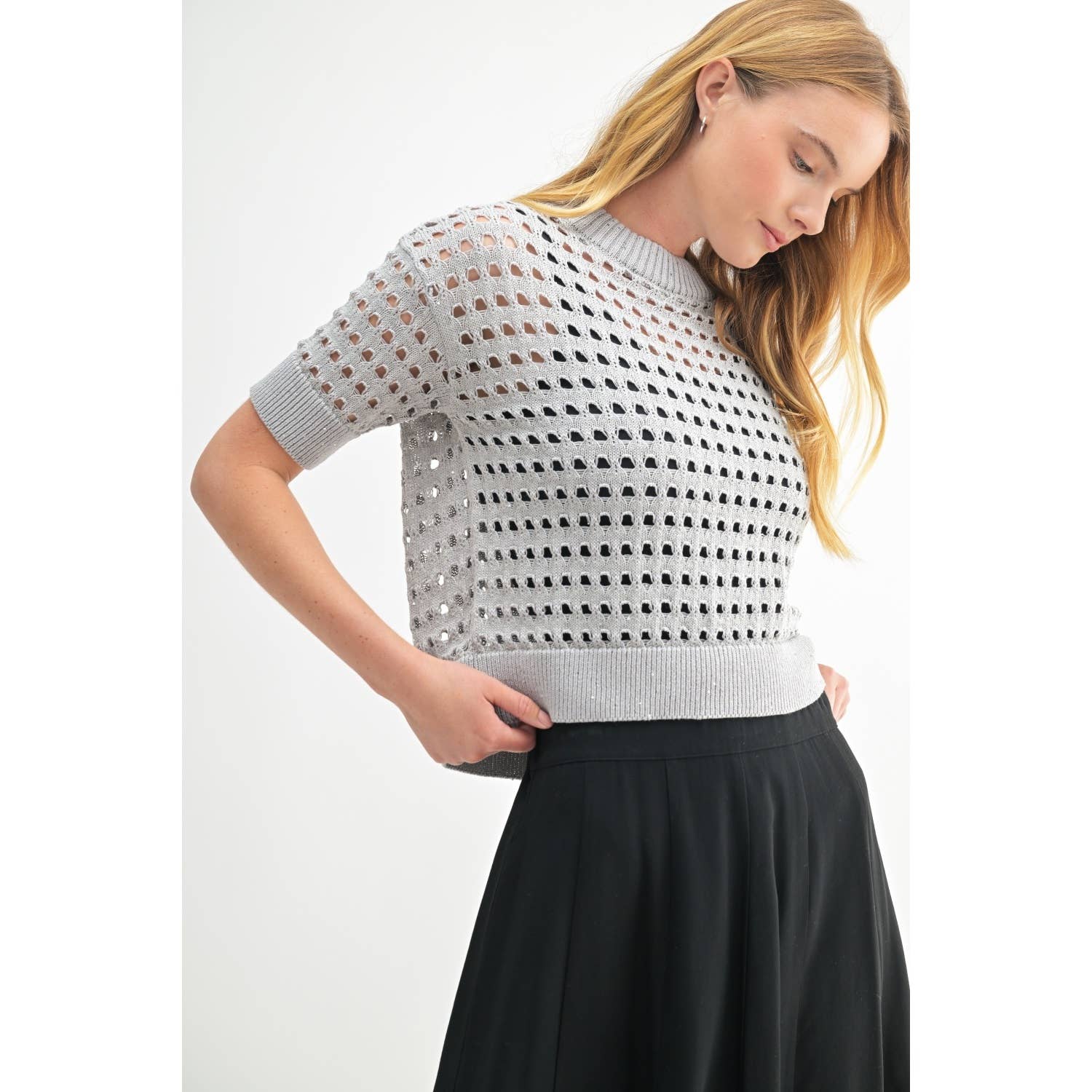 Silver Grey Open Stitch Short Sleeve Knit Side View