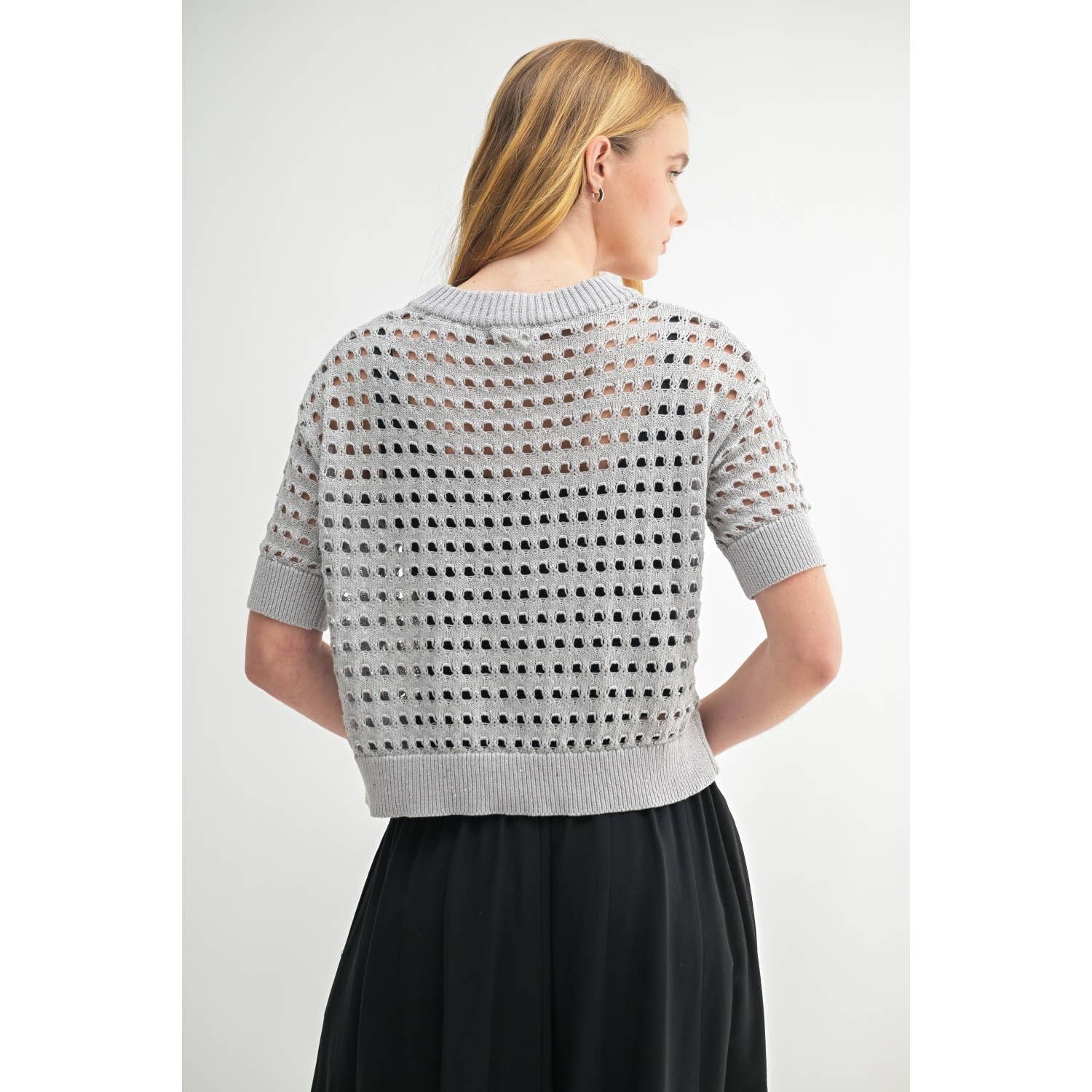 Silver Grey Open Stitch Short Sleeve Knit Rear View