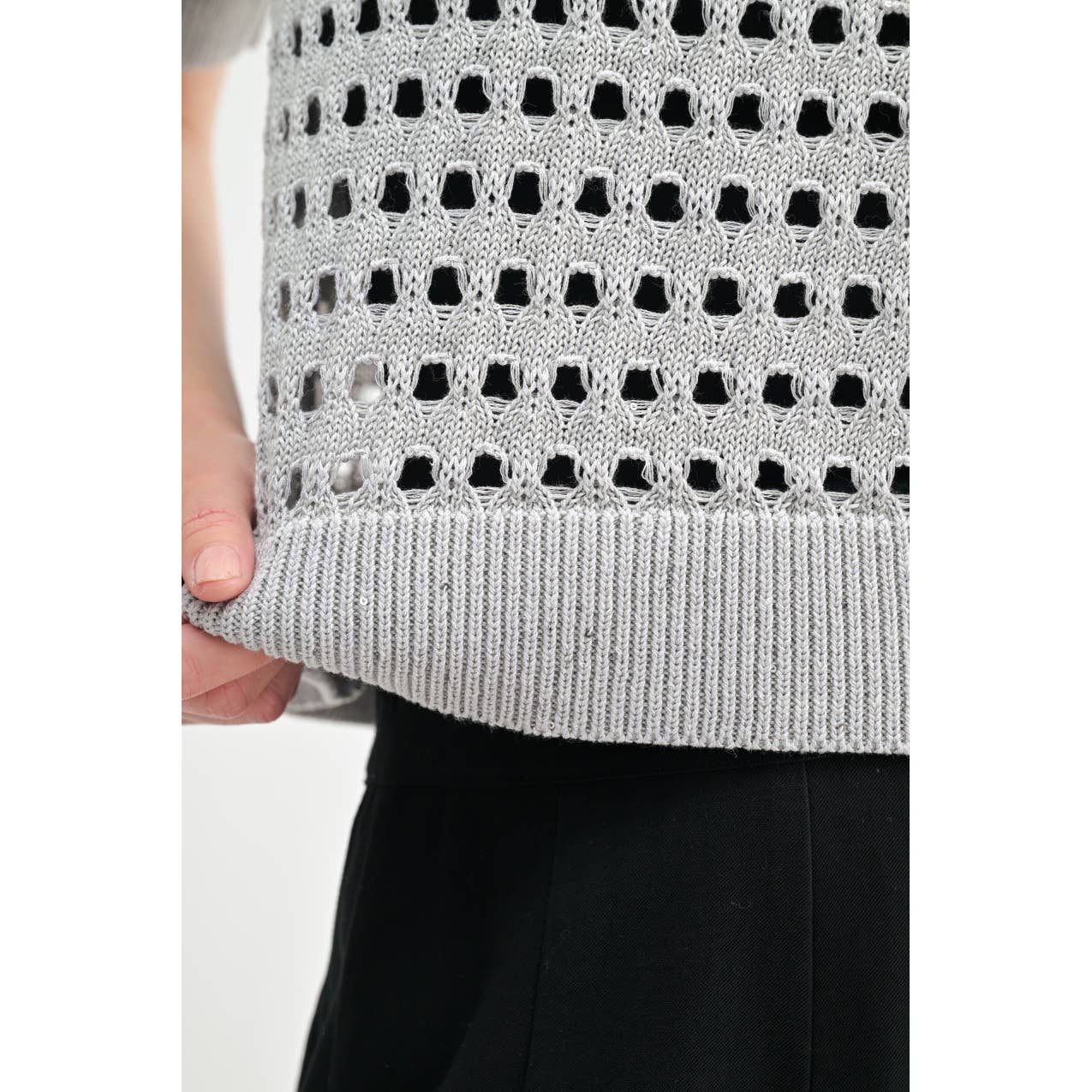 Silver Grey Open Stitch Short Sleeve Knit close up of knit