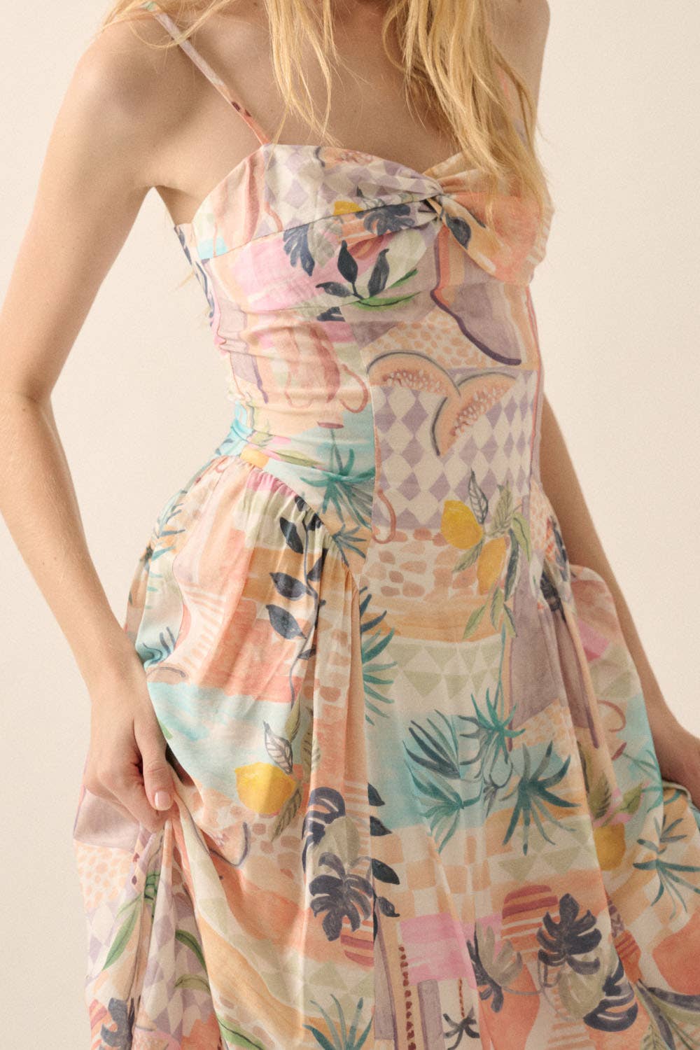 Soft Pink Tropical Twist-Front Cami Midi Dress close up of bodice