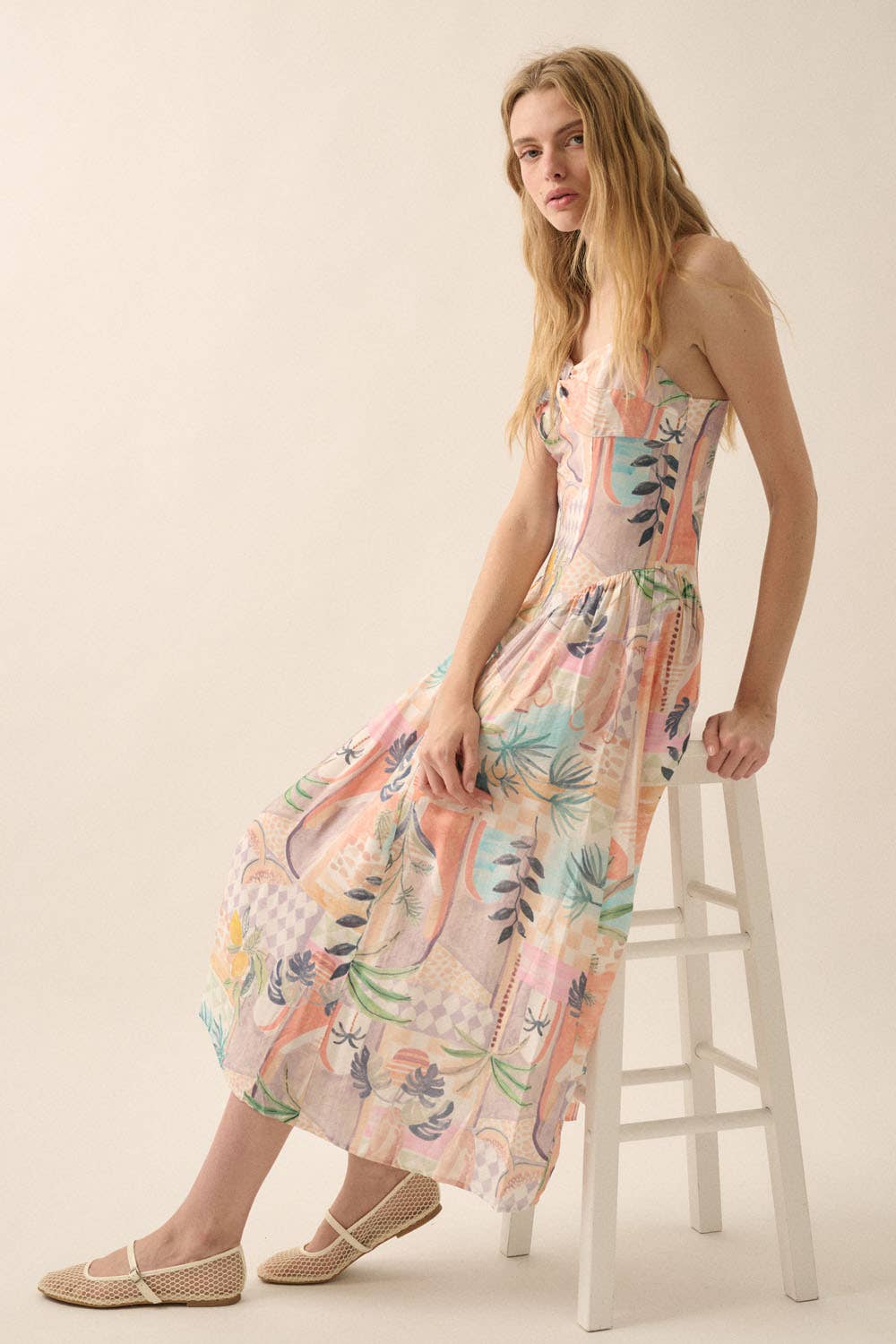 Soft Pink Tropical Twist-Front Cami Midi Dress Side View
