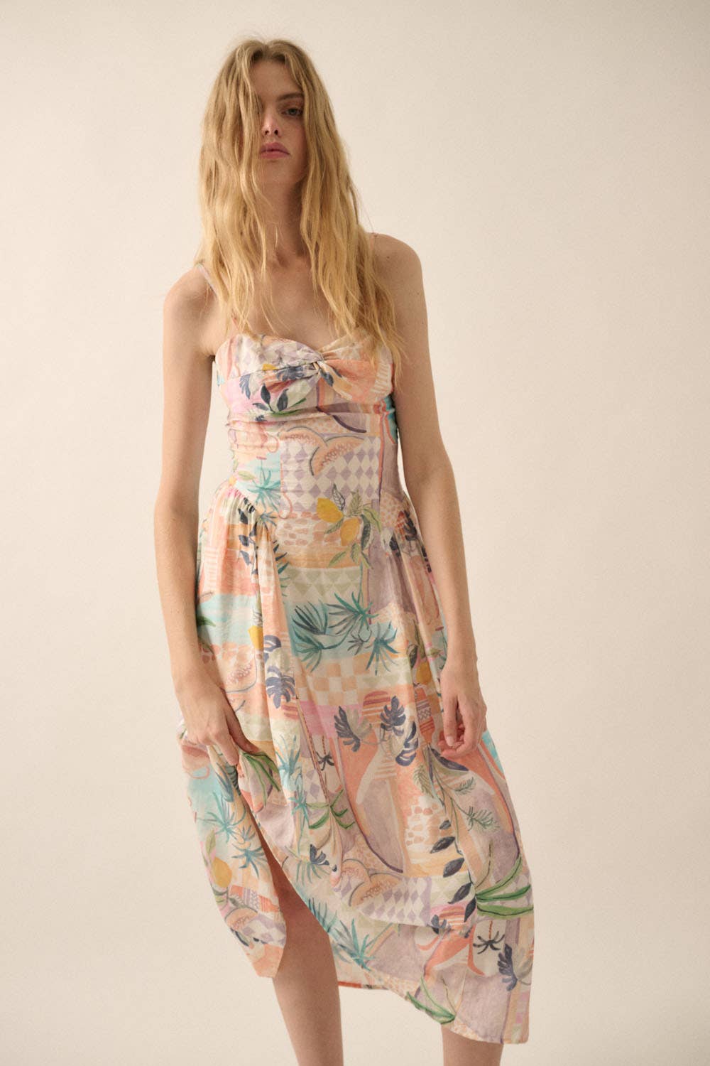 Soft Pink Tropical Twist-Front Cami Midi Dress Front View