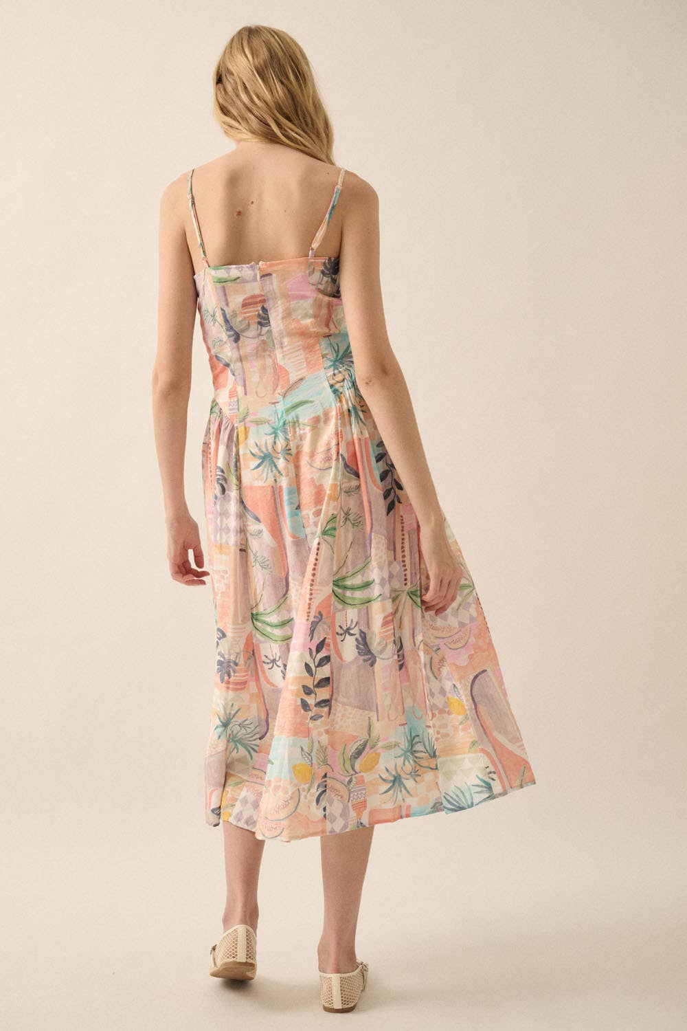 Soft Pink Tropical Twist-Front Cami Midi Dress Rear View