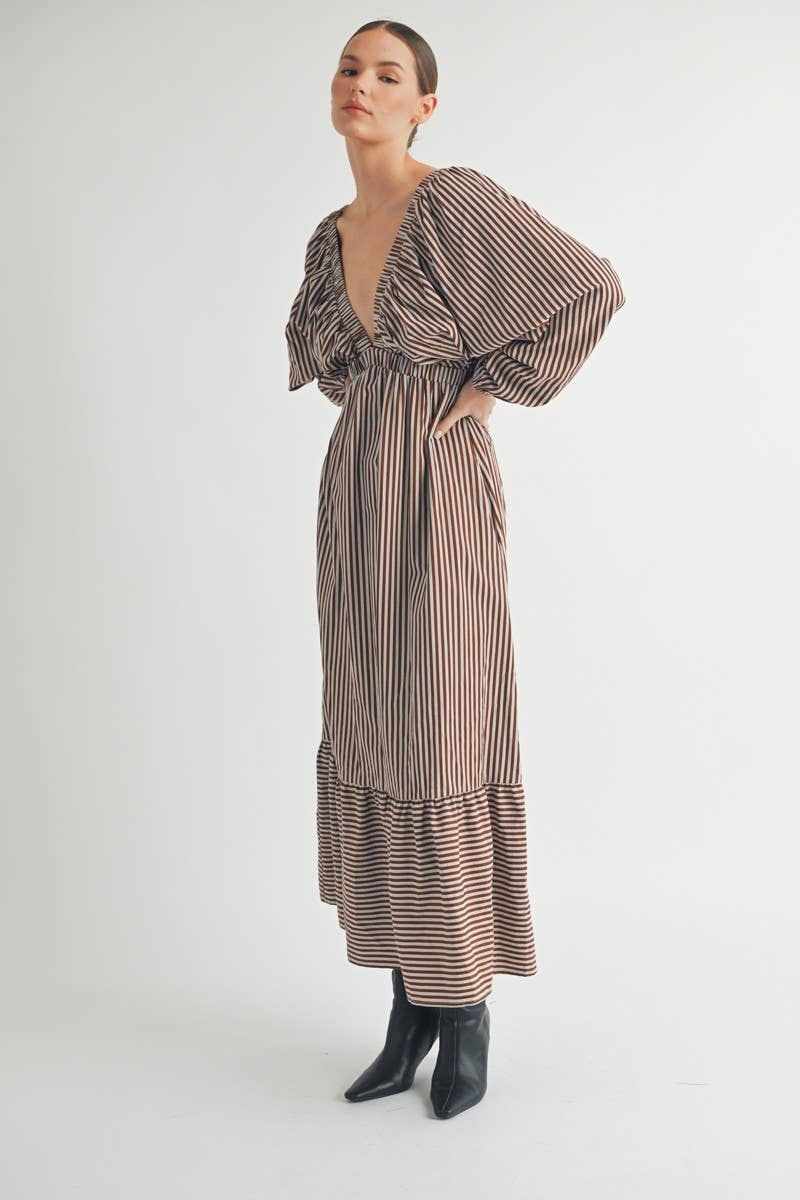Model wearing Sorrelle Maxi Dress showing billowy long sleeves with elastic cuffs