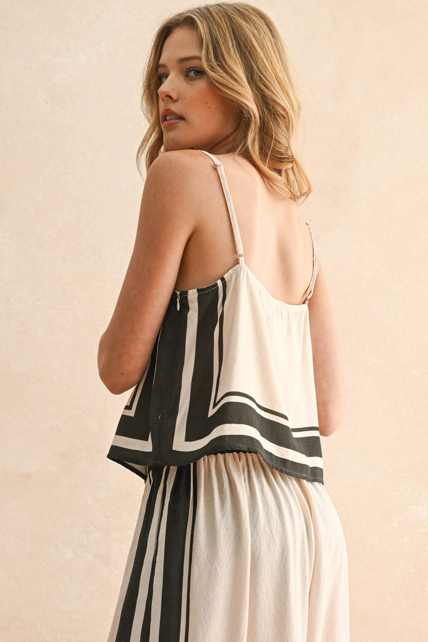 Tan/Black Border Stripe Pattern Top Rear View