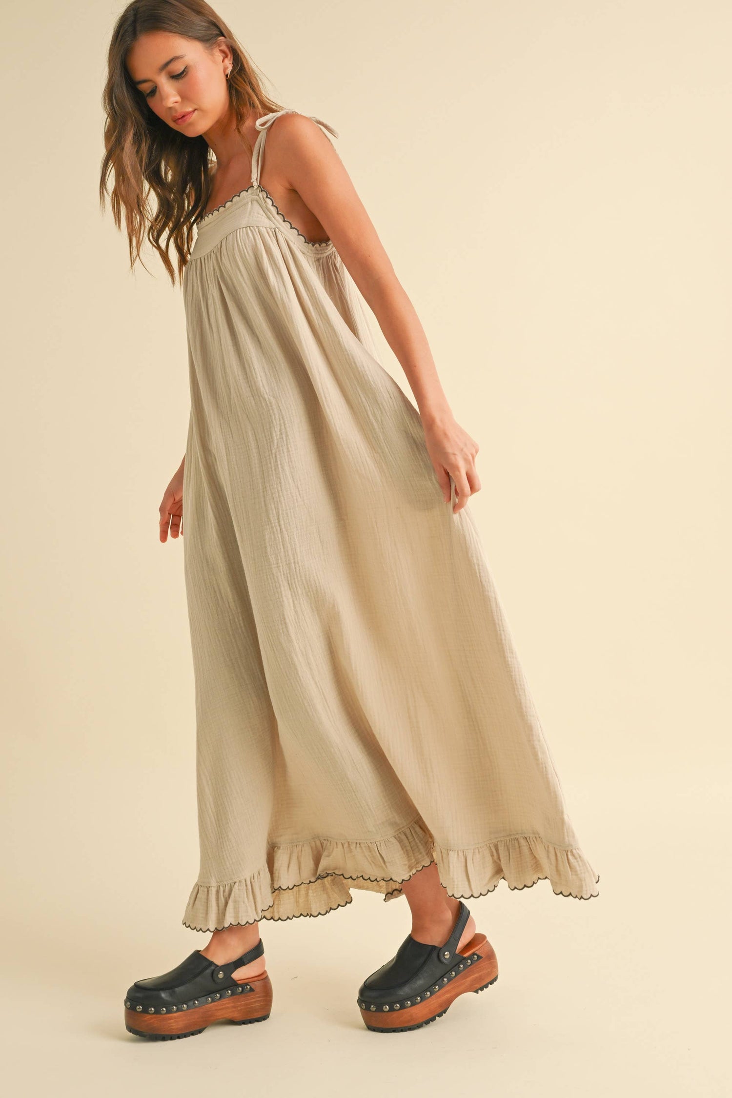 Tan Embroidered Detail Gauze Dress featuring a line style
