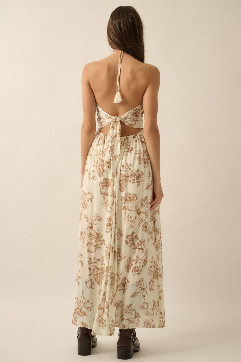 Taupe Floral Tie-Back Halter Maxi Dress Rear View