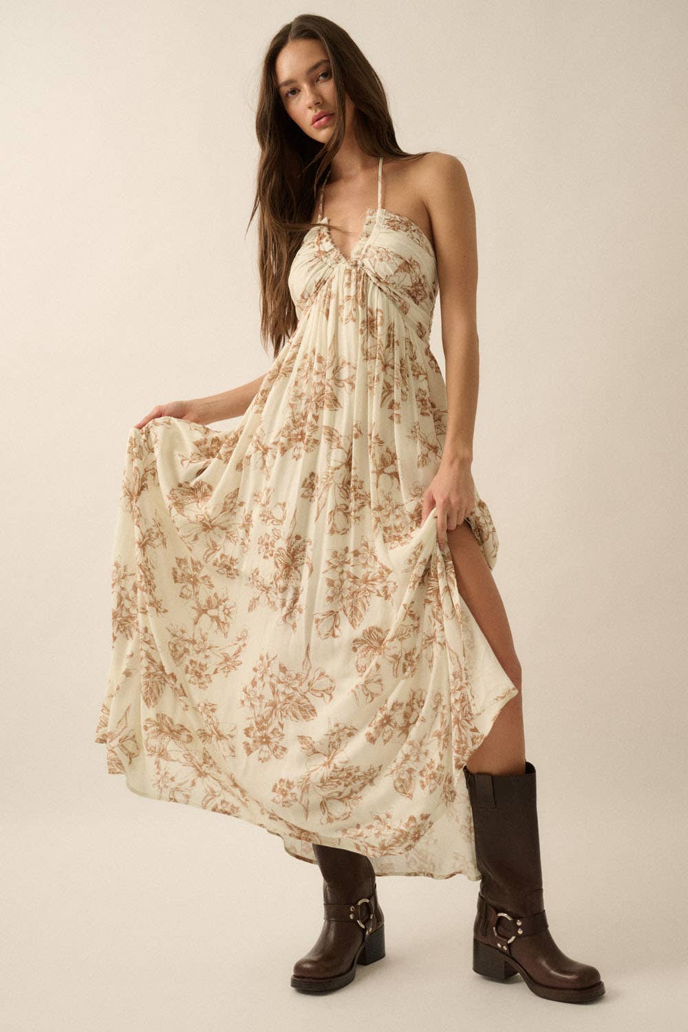 Taupe Floral Tie-Back Halter Maxi Dress Front View showcasing flared skirt