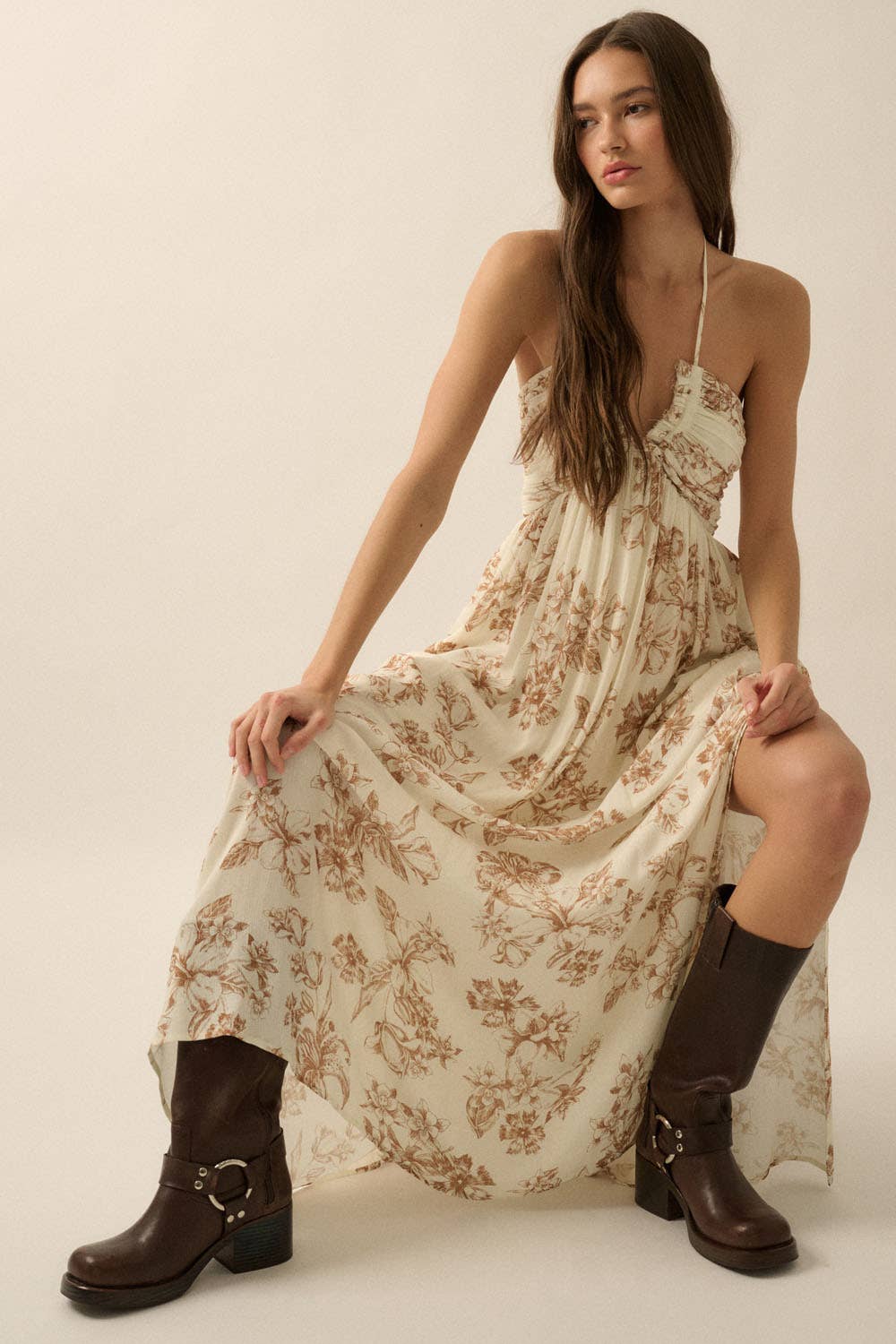 Taupe Floral Tie-Back Halter Maxi Dress highlighting feminine floral print