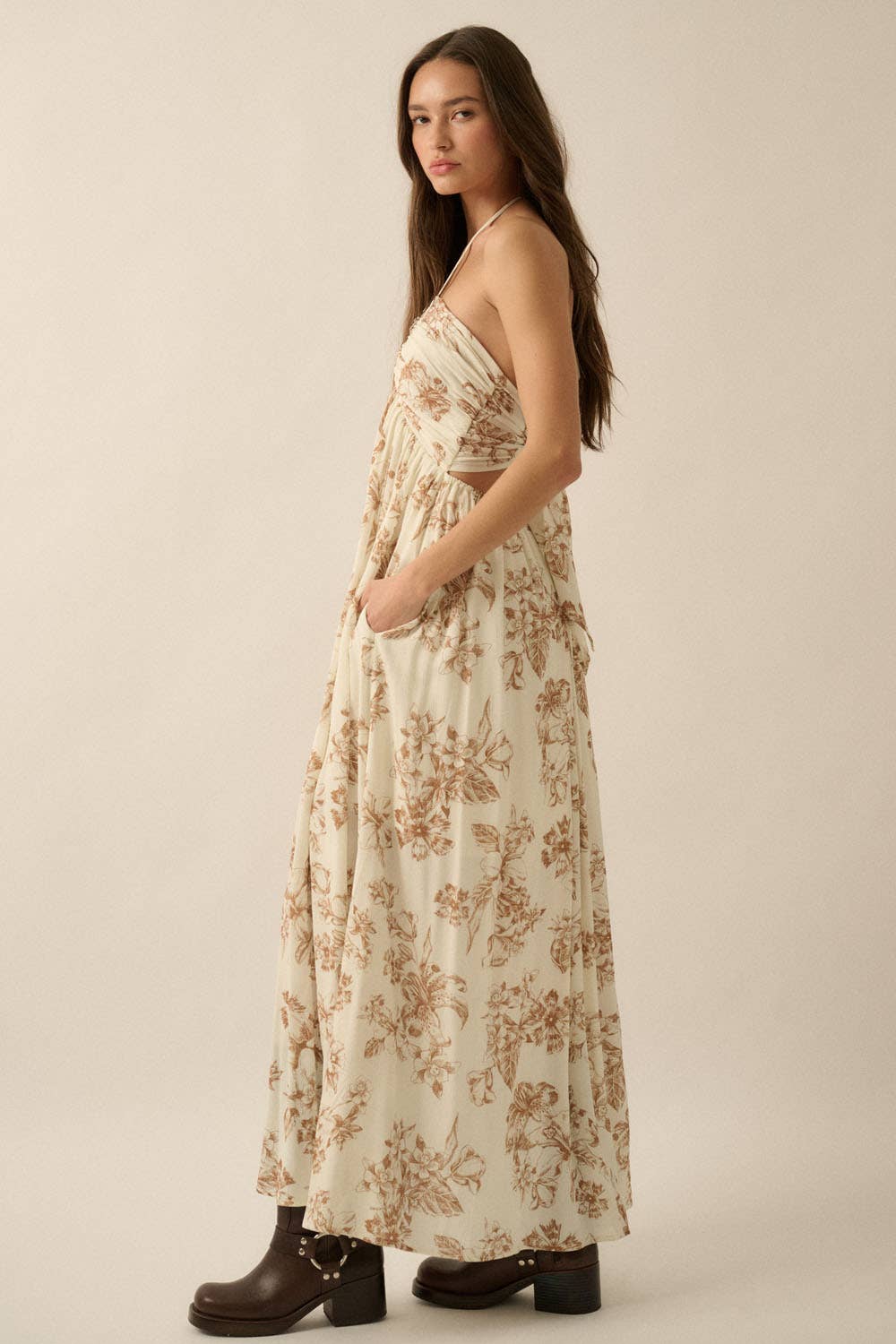 Taupe Floral Tie-Back Halter Maxi Dress Side View