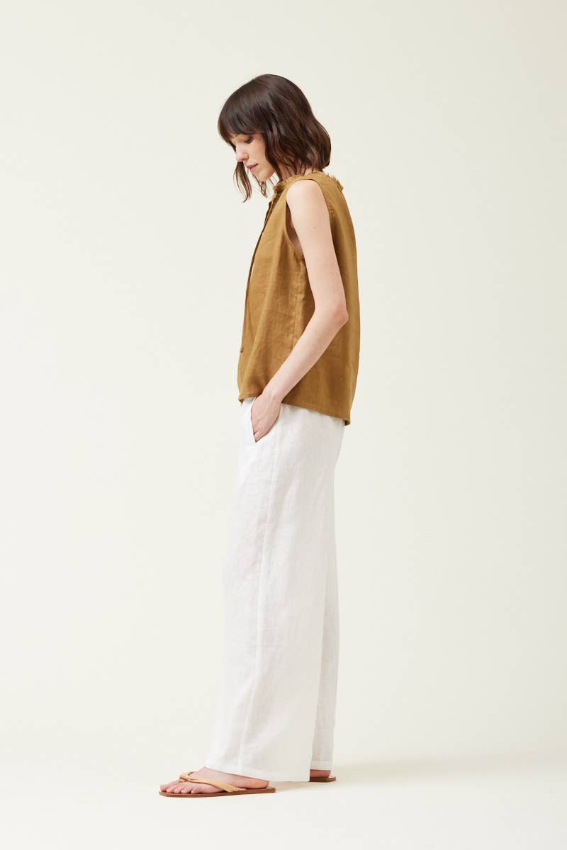 The Brown Olive Sleeveless Linen Top Side View