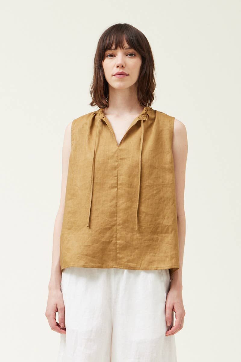 The Brown Olive Sleeveless Linen Top for casual wear