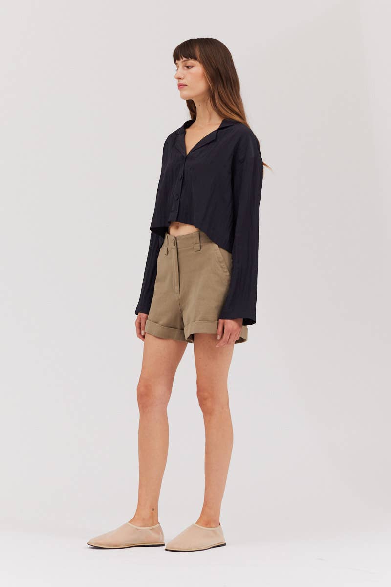 The Dry Sage Twill Shorts with button and zip closure