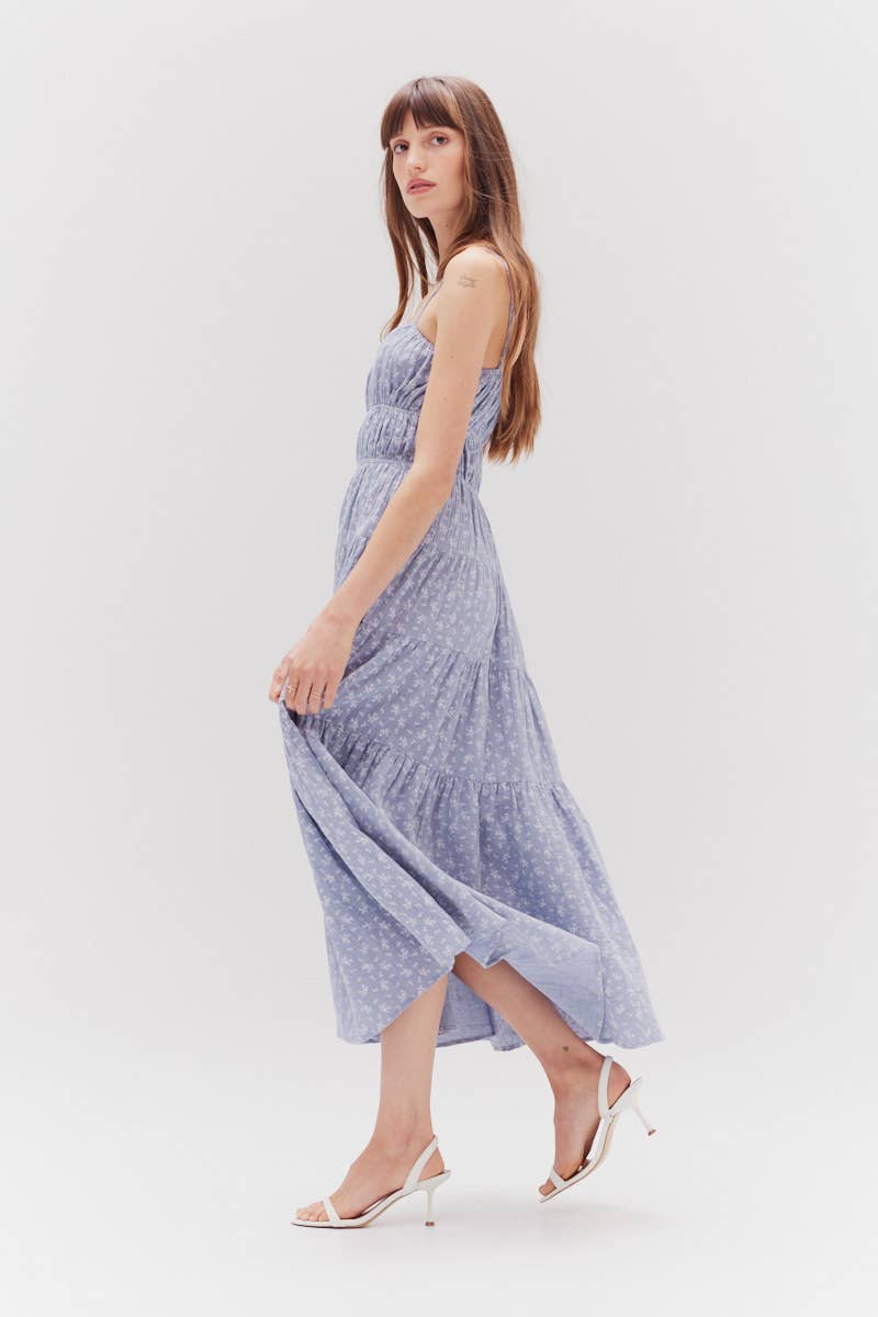 The Indigo Printed Gauze Midi Dress - side view.