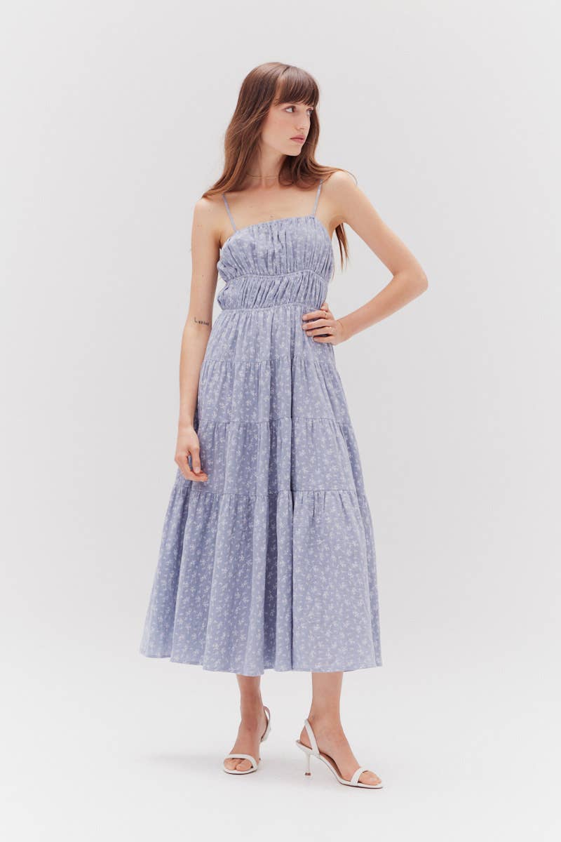 The Indigo Printed Gauze Midi Dress with ruched bodice in floaty cotton.