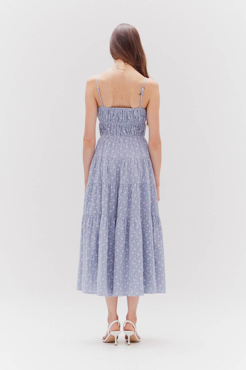 The Indigo Printed Gauze Midi Dress - rear view.