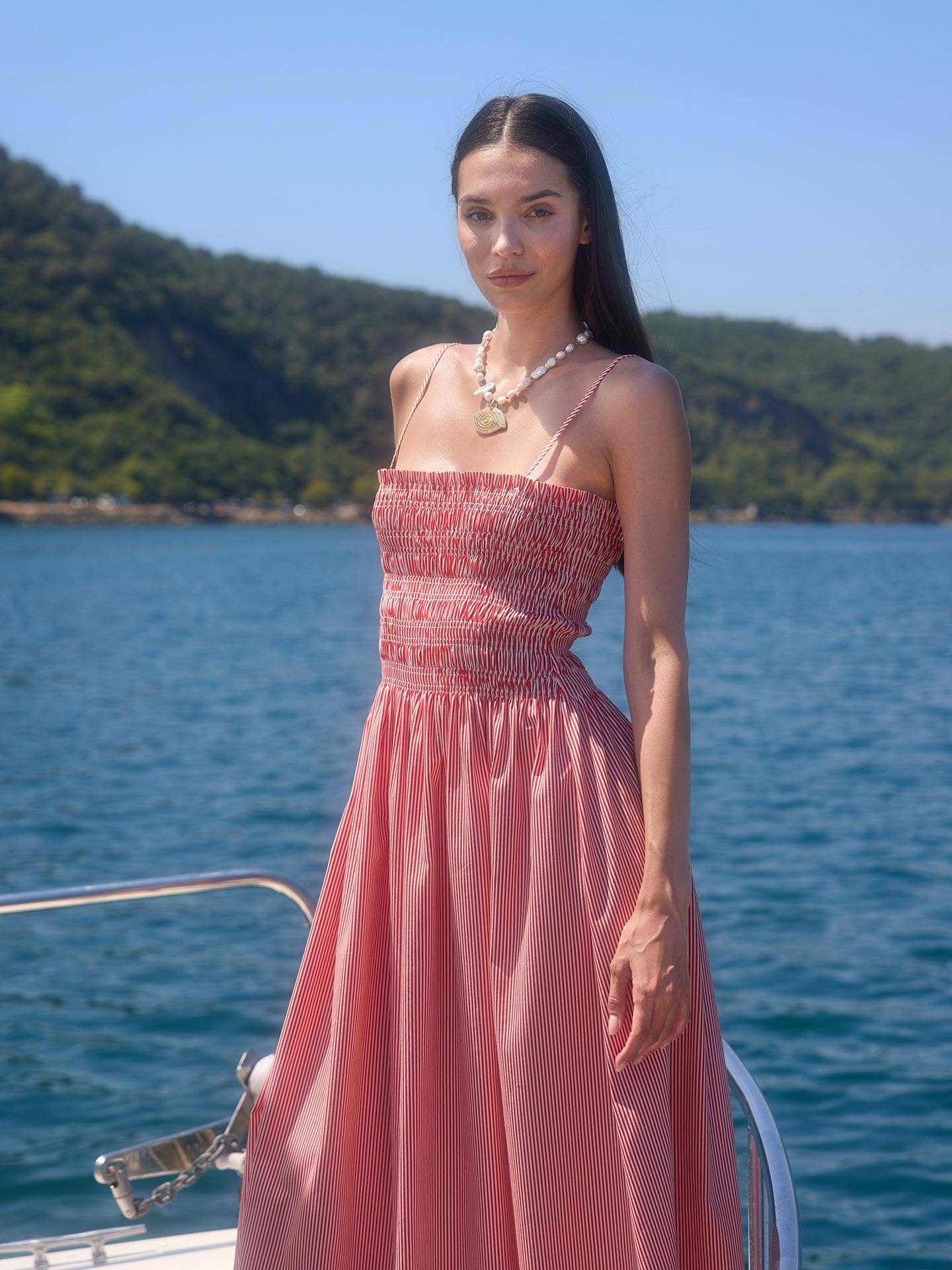 The Red Striped Guipé Strap Maxi Dress showcasing shirred bodice