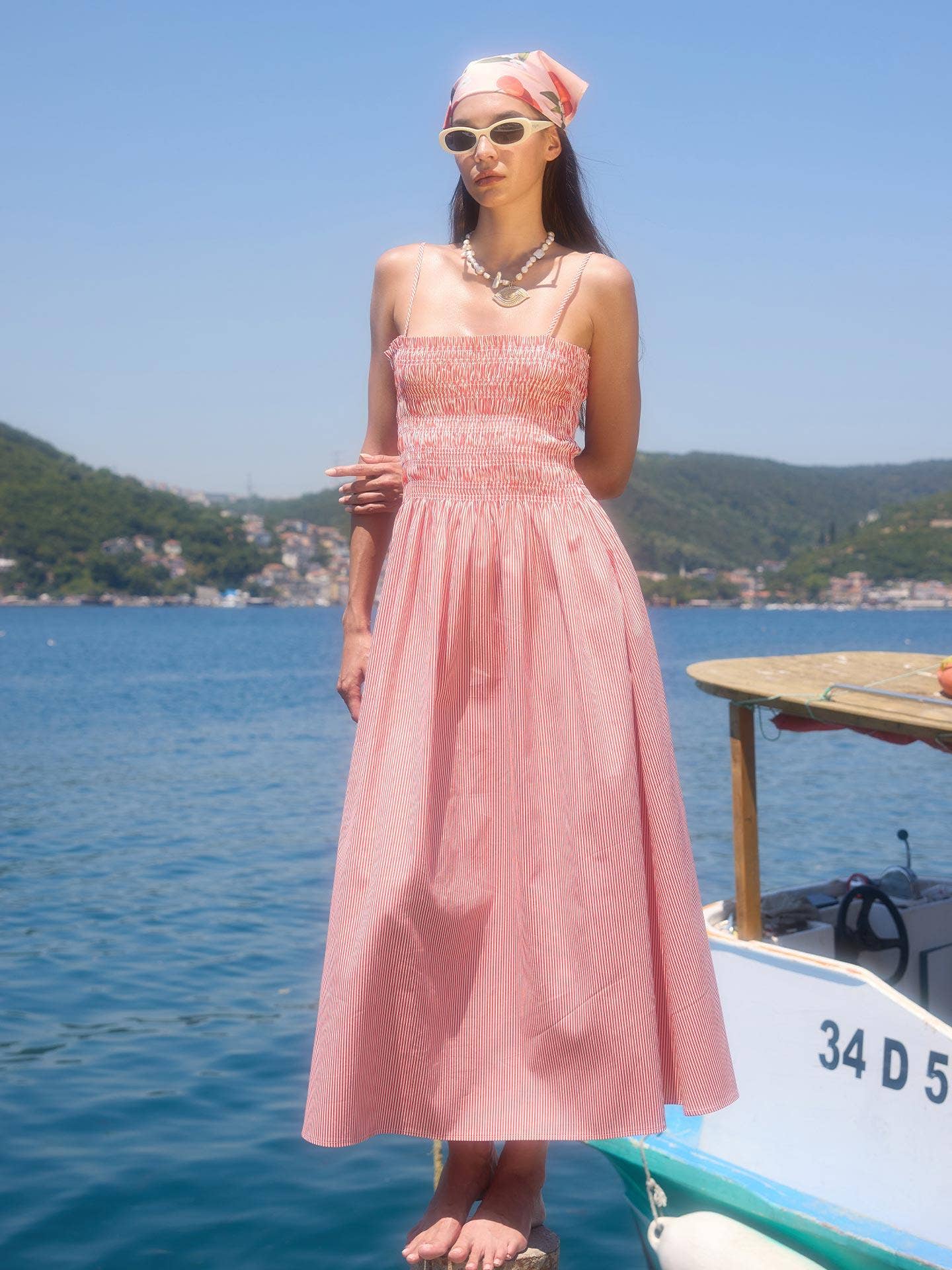 The Red Striped Guipé Strap Maxi Dress Front View