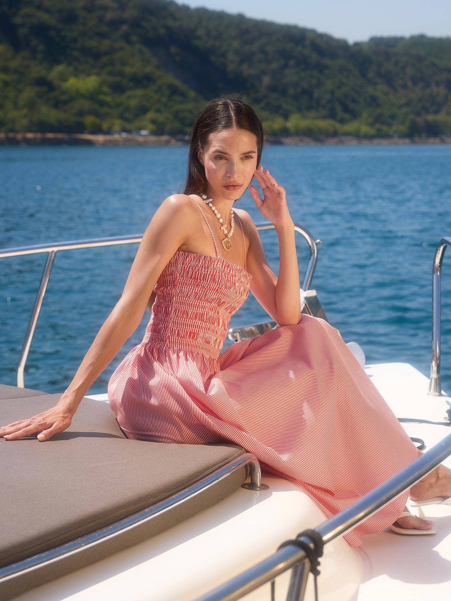 The Red Striped Guipé Strap Maxi Dress showcasing fit and flare style