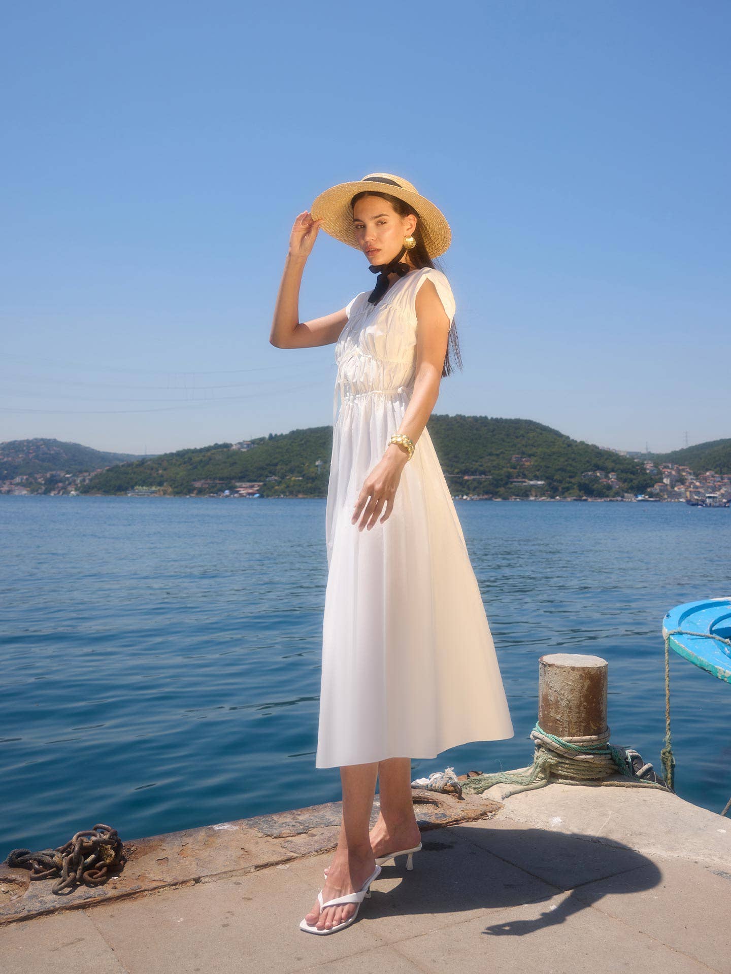 The White Piping Detail Maxi Dress featuring tie closure at bodice