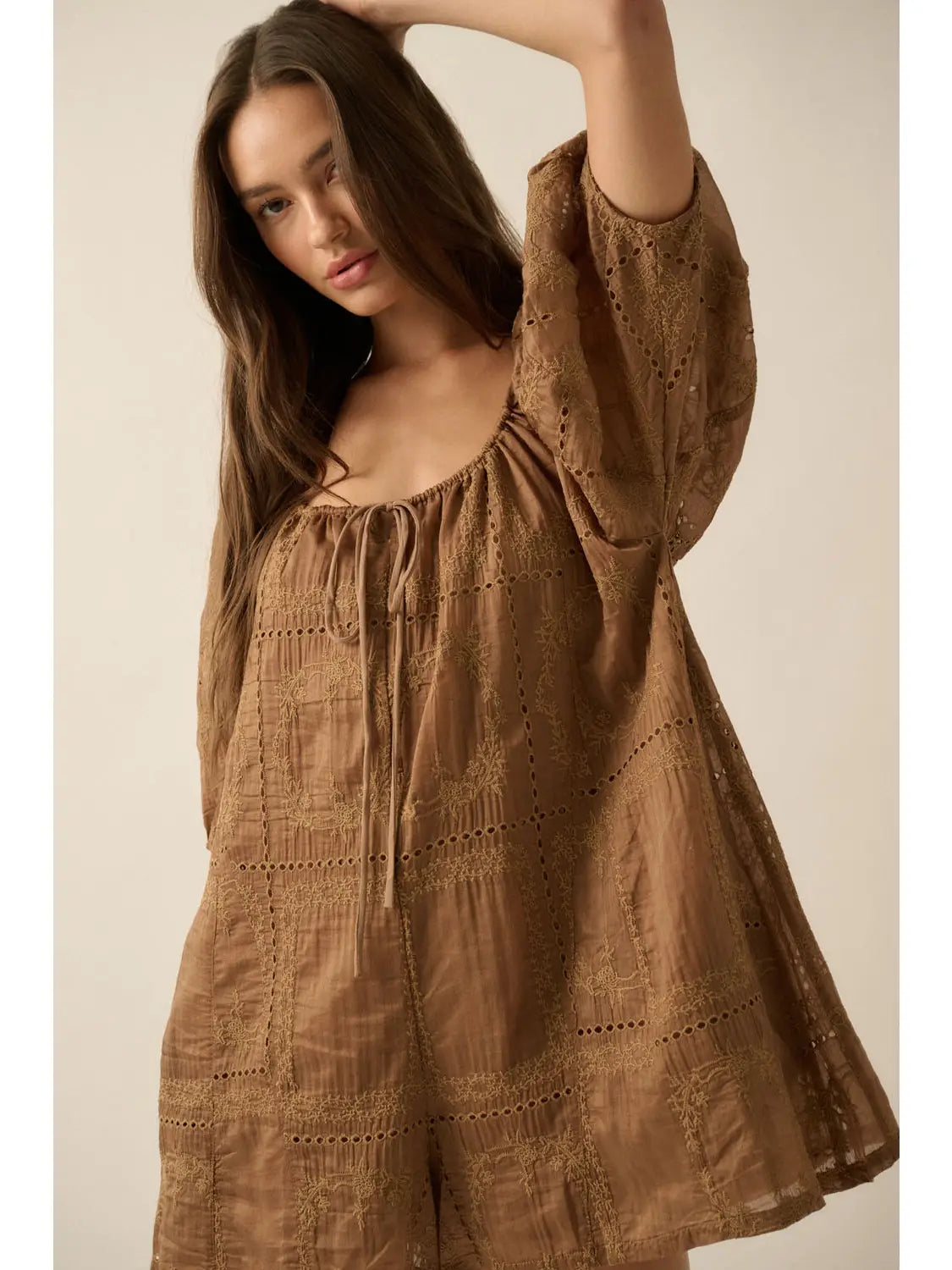 Toffee So Pure Eyelet Lace Puff-Sleeve Romper