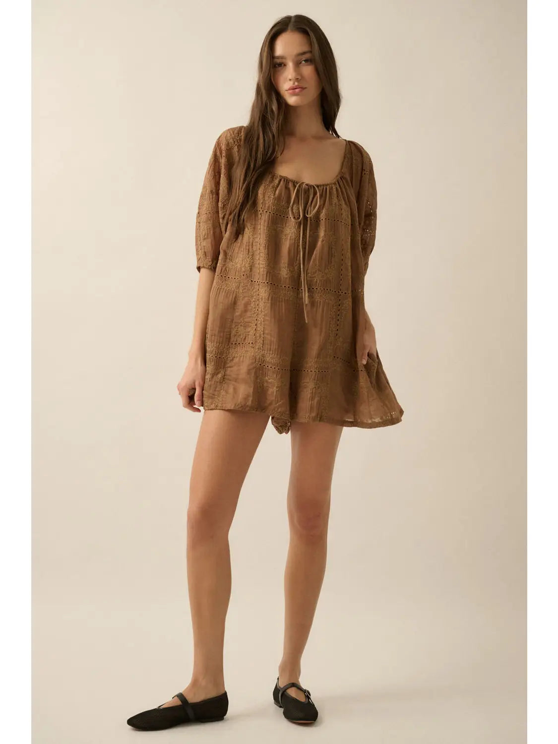 Toffee So Pure Eyelet Lace Puff-Sleeve Romper offers effortless comfort