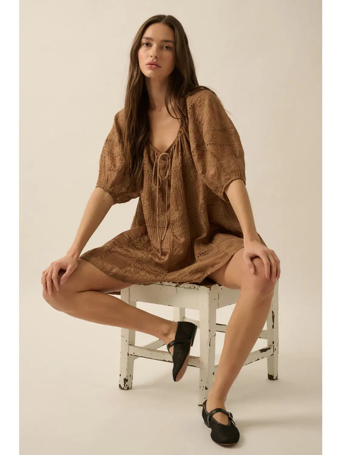 Toffee So Pure Eyelet Lace Puff-Sleeve Romper in brown colourway