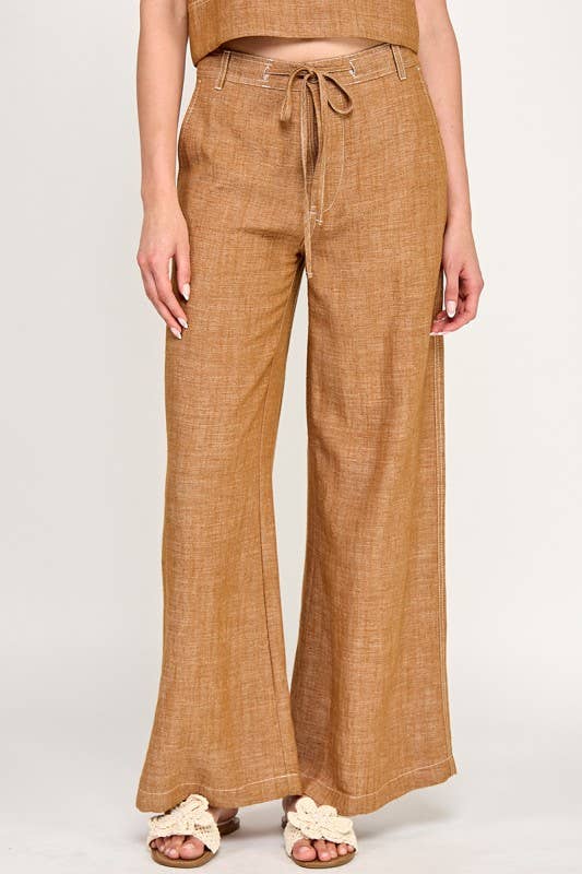 Turmeric Linen Stitched Wide Pants featuring tie closure