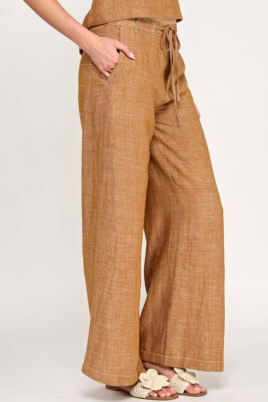 Turmeric Linen Stitched Wide Pants Side view showcasing pockets
