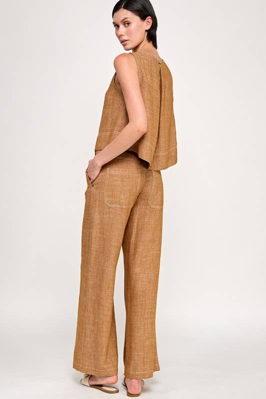 Turmeric Linen Stitched Wide Pants rear view