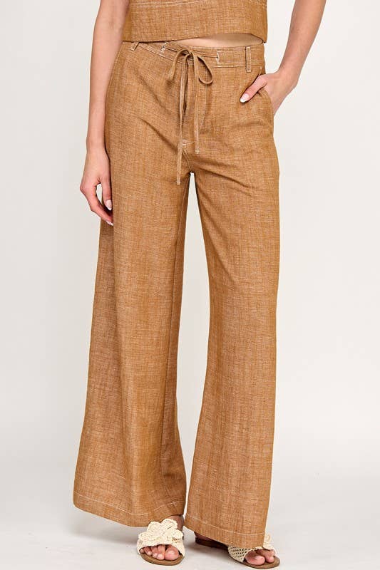 Turmeric Linen Stitched Wide Pants showcasing pockets