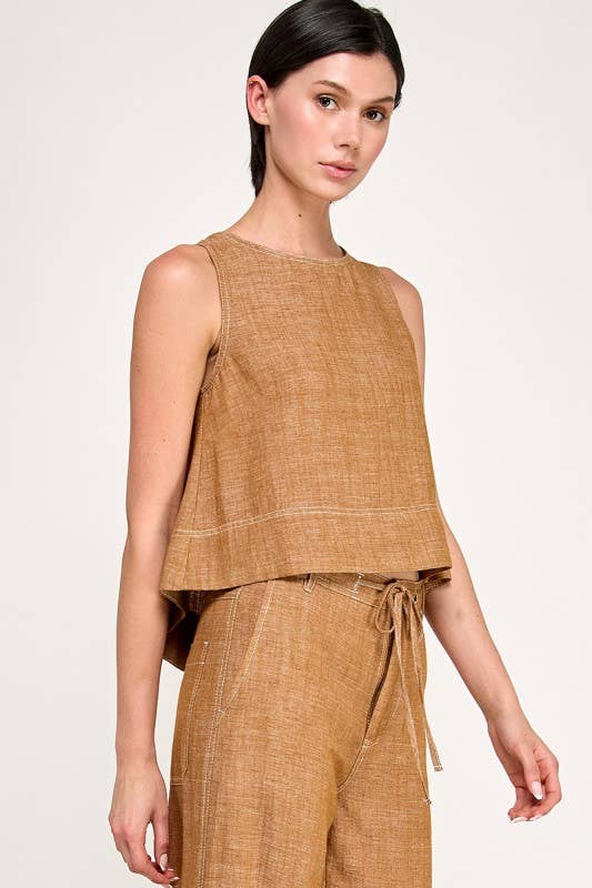 Turmeric Sleeveless Linen Top featuring cropped style