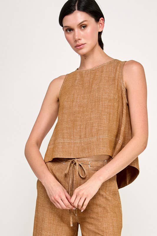 Turmeric Sleeveless Linen Top worn with matching pants