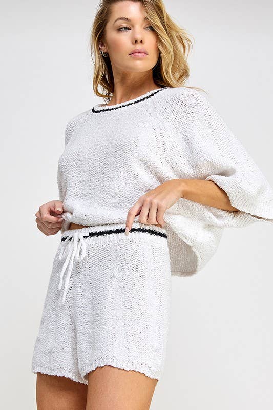 White Black Textured Pullover Knit Style Top worn with matching shorts