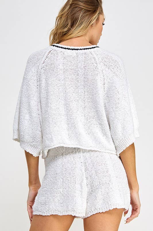 White Black Textured Pullover Knit Style Top - rear view