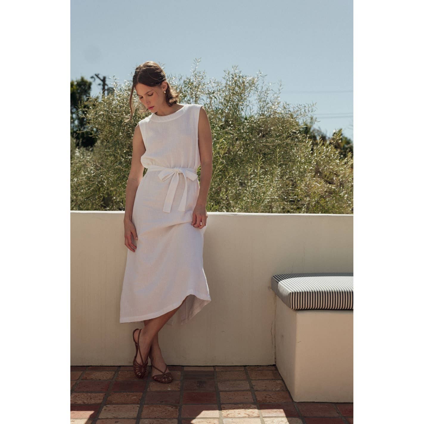 White Gauze Tie Front Sleeveless Midi Dress