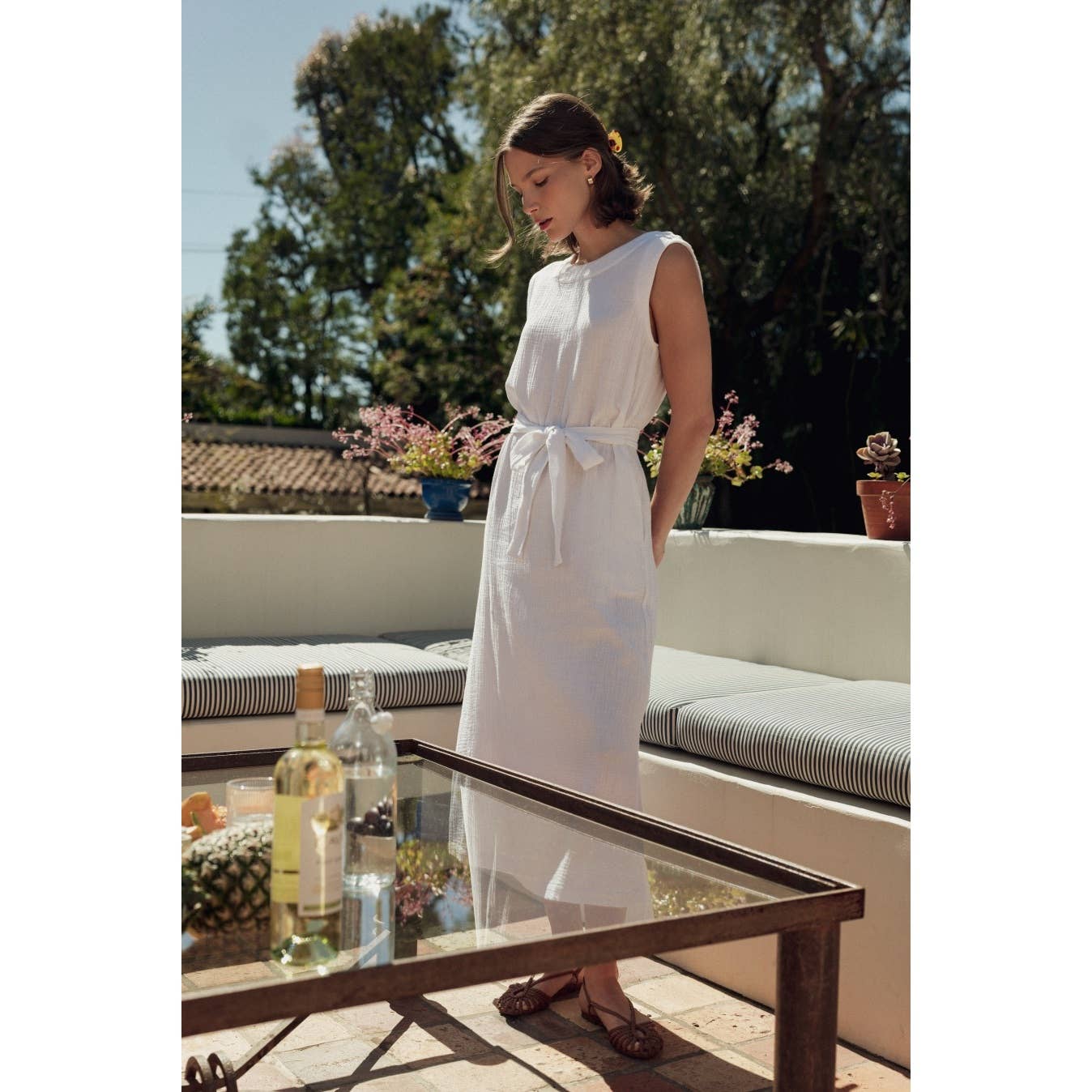 White Gauze Tie Front Sleeveless Midi Dress featuring sleeveless style
