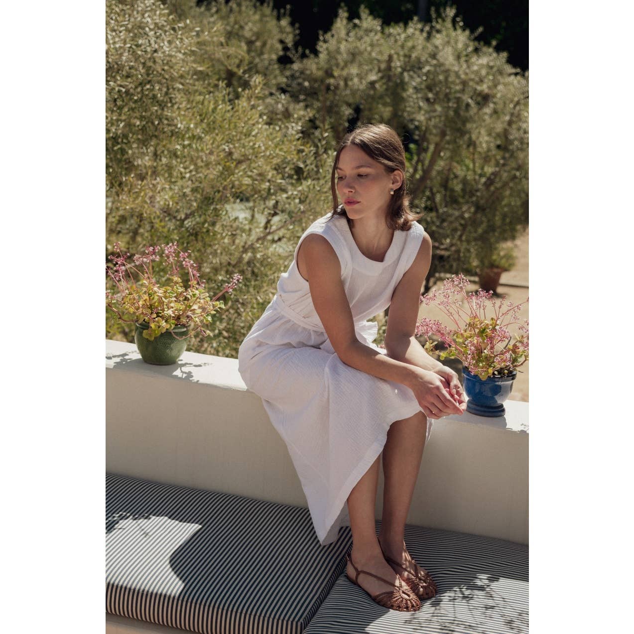 White Gauze Tie Front Sleeveless Midi Dress 