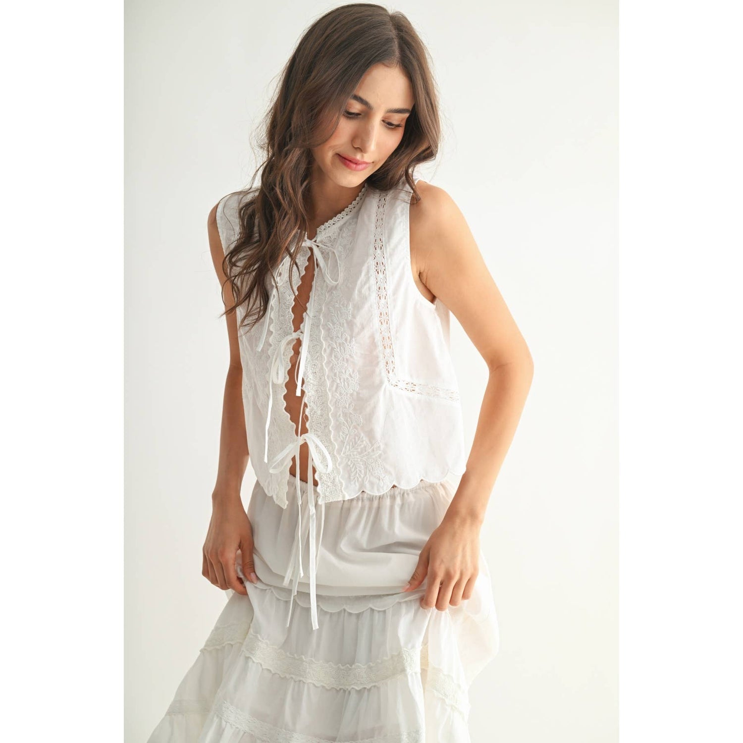 White Lace Two Piece Set vest style top and matching skirt