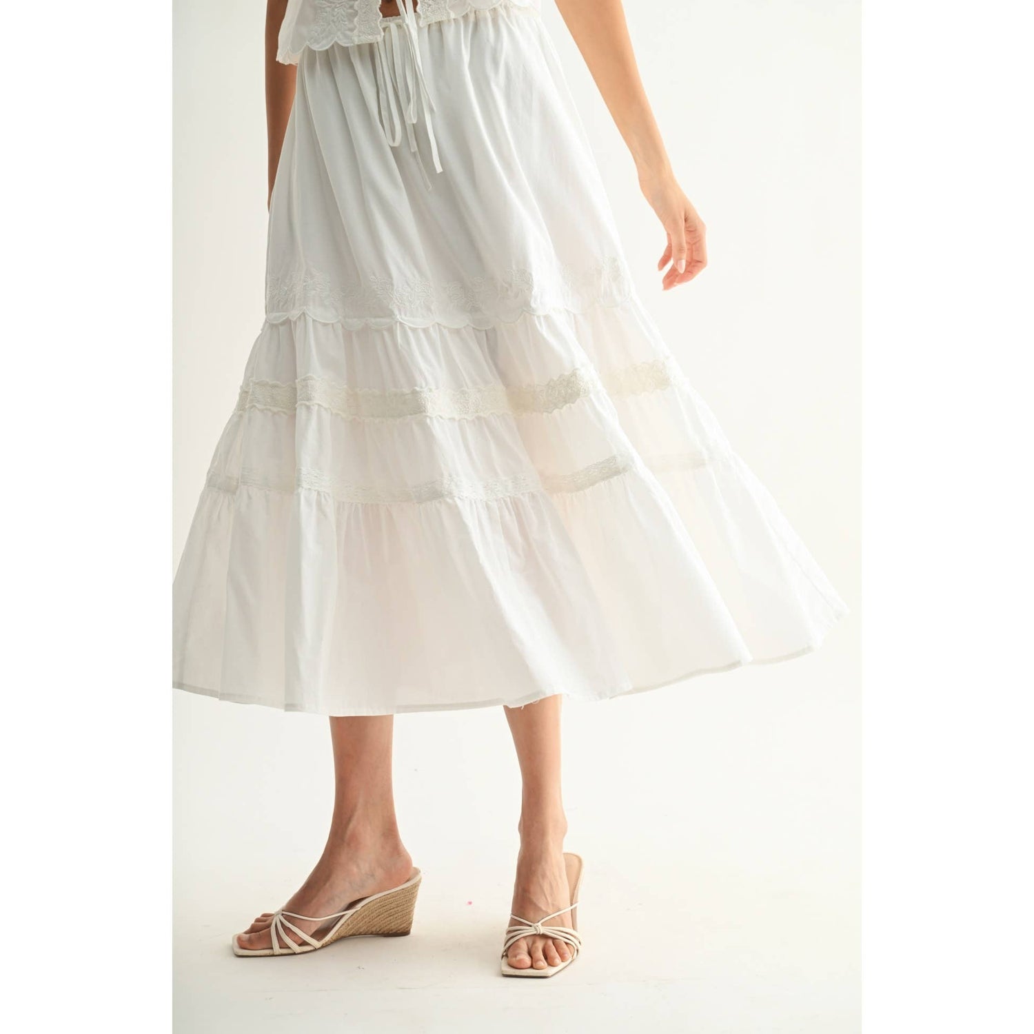 White Lace Two Piece Set showcasing flared skirt