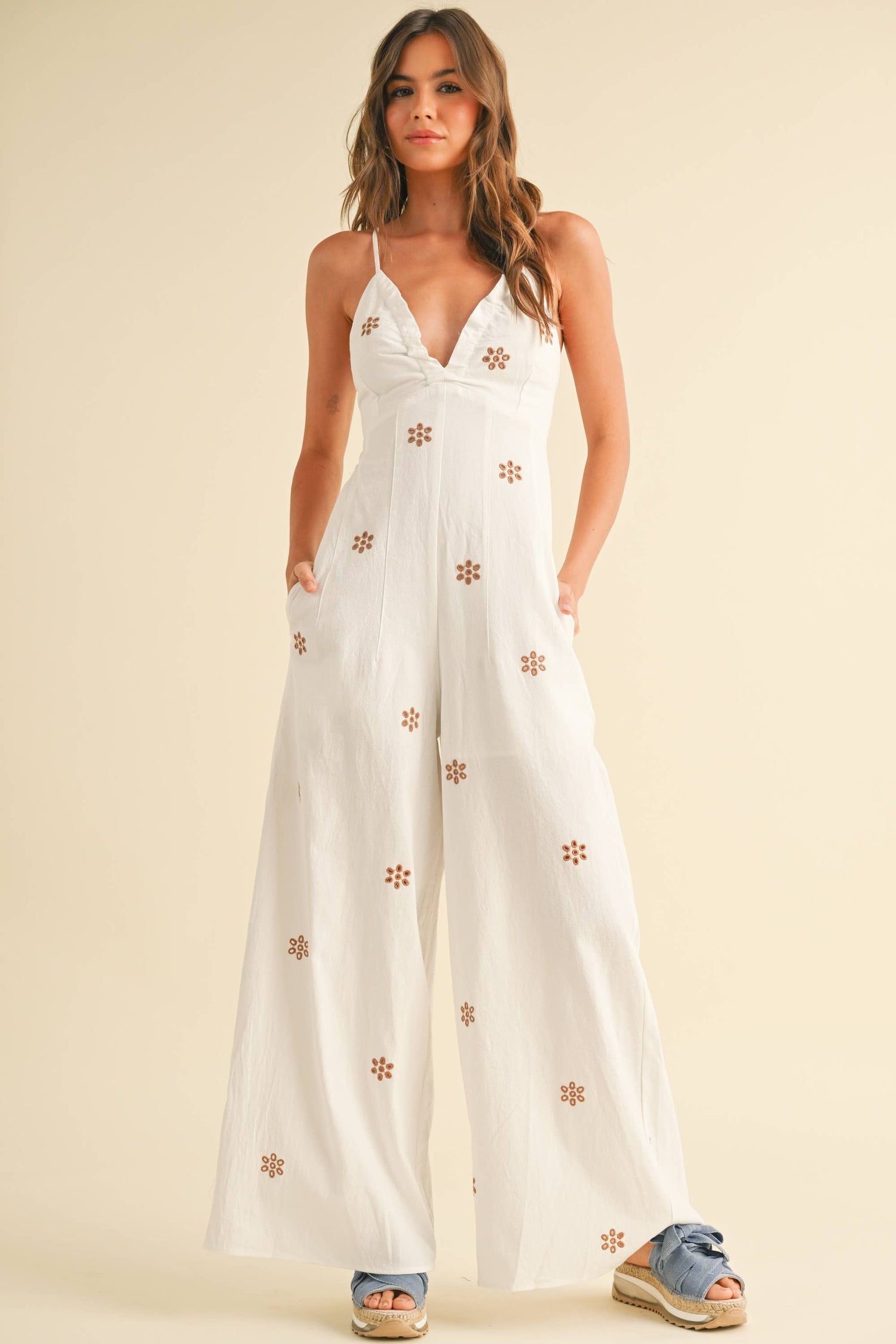 White/Mocha Embroidery Detail Jumpsuit Front View